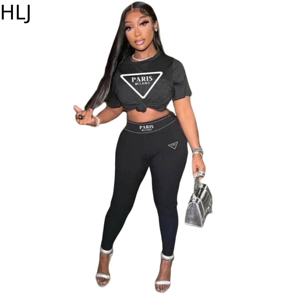 HLJ Fashion Streetwear Women Letter Print Short Sleeve Top And Skinny Pants Two Piece Sets Casual Matching 2pcs Outfits 2023 New