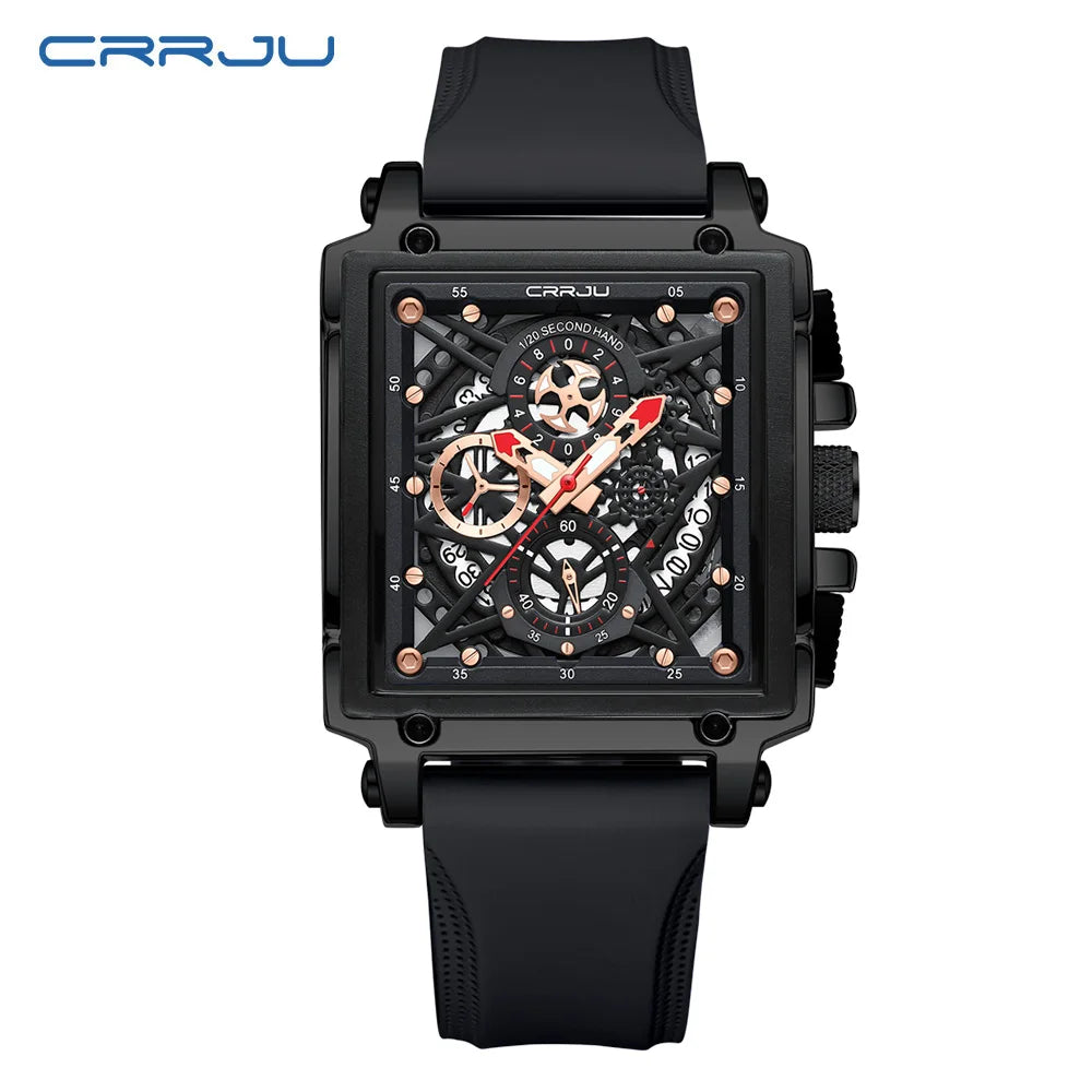 CRRJU Fashion Sports Watches with Large Dial Unique RectangularHollow Design Quartz Wristwatches with Chrongraph Auto Date