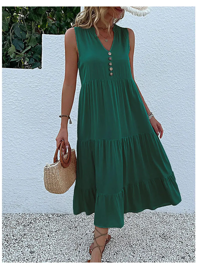 Dresses for Women 2025 Summer V-neck Single-breasted Vest Dress Sleeveless Loose Casual Solid Color Dress Vestidos De Mujer