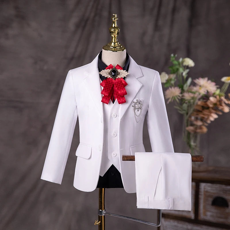 Flower Boys White Baptism Suit Kids Jakcet Vest Pants 3PCS Formal Wedding Dress Children Birhtday Photograph Performance Costume