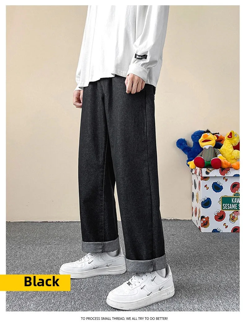 Jeans men's four-season new mopping straight loose wide legs trendy casual handsome comfortable trousers
