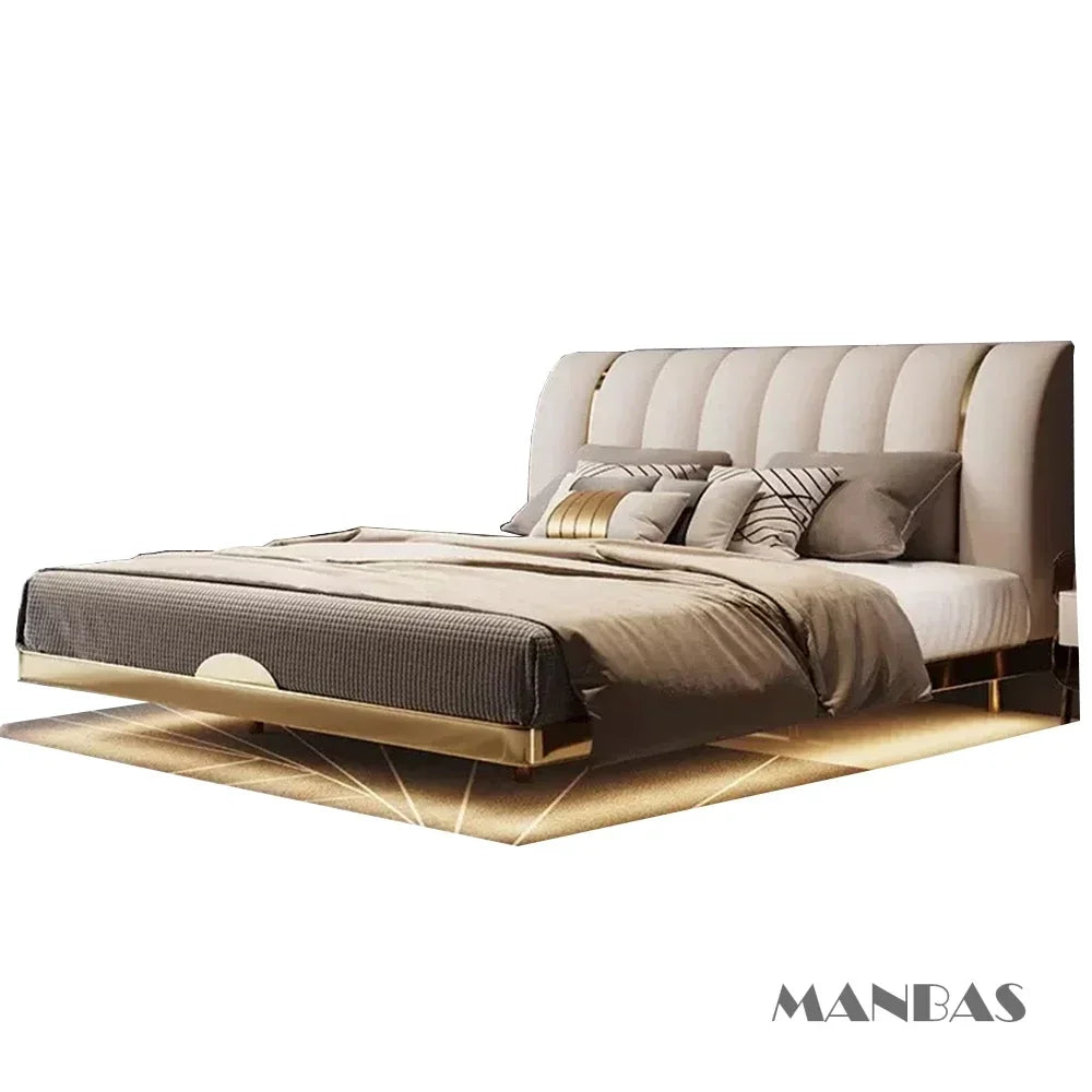 Linlamlim Modern Genuine Leather Suspended Bed With Sensor Light, Double Rectangle Bed Frame With Stainless Steel, Nordic Camas