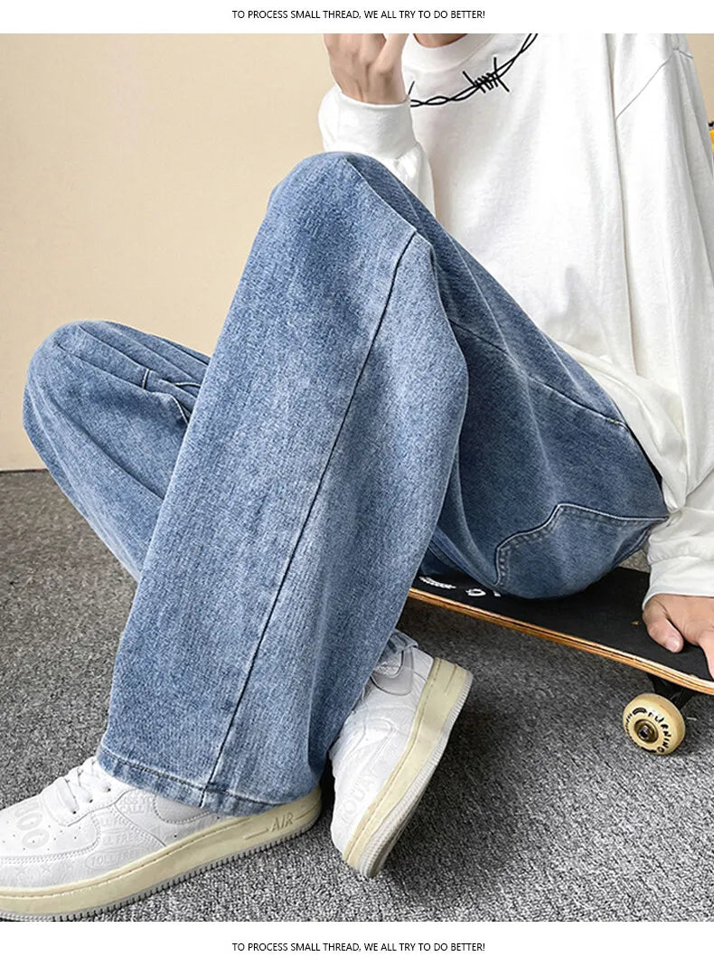 Jeans men's four-season new mopping straight loose wide legs trendy casual handsome comfortable trousers