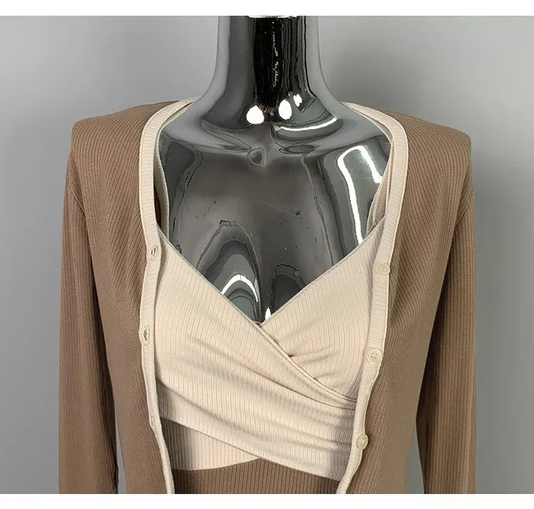 Korean Dongdaemun Slim Fit Sexy Pure Desire Wrap Body Strap Dress Long Sleeve Cardigan Two Piece Set Women's Fashion Outfit