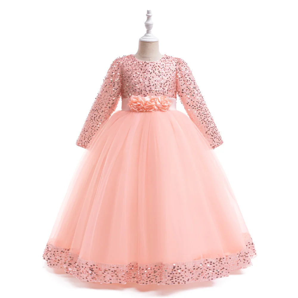 Christmas Princess Dress For Girls Children Costume Long Sleeve Sequin Wedding Evening Vestidos Kids Girl Birthday Party Dresses