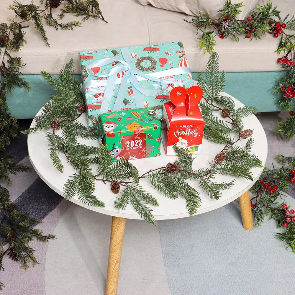 Gift Xmas Tree Ornament Leaves Branches Artificial Red Berries Christmas Decorative Garland Pine Cones Vine Hanging Wreath