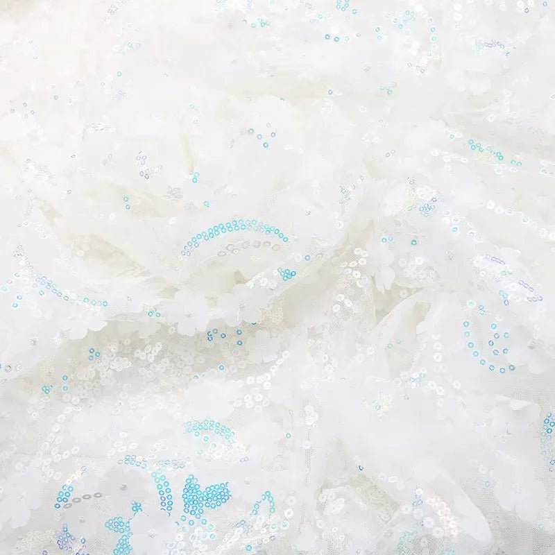 New Summer Teenager Girl's Dress Short Puff Sleeves Square Collar Appliques Large Bow Sequin Mesh Princess Lovely Clothing H7004