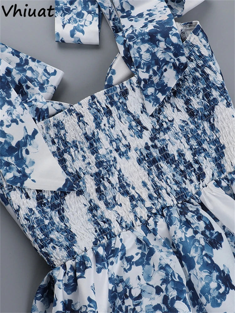 Vhiuat Blue Floral Print Cute Elegant Off Shoulder Mini A-Line Dress Lace Up Fashion Women Party Evening Dresses Summer 2024