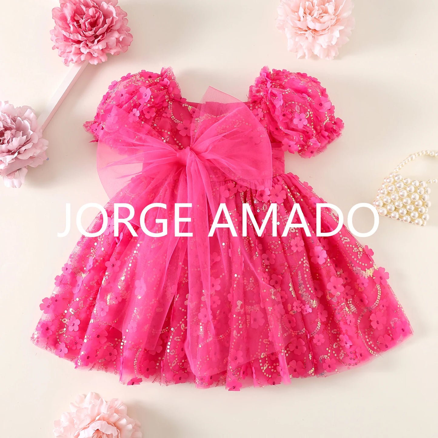 New Summer Teenager Girl's Dress Short Puff Sleeves Square Collar Appliques Large Bow Sequin Mesh Princess Lovely Clothing H7004