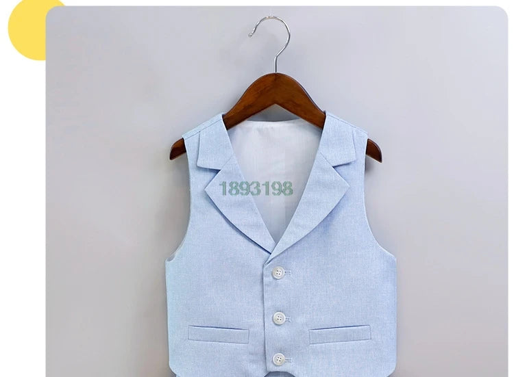 Children's Summer Blue Vest Dress Suit Boy Birthday Party Performance Photography Costume Kids Waistcoat Shorts Bowtie Outfit