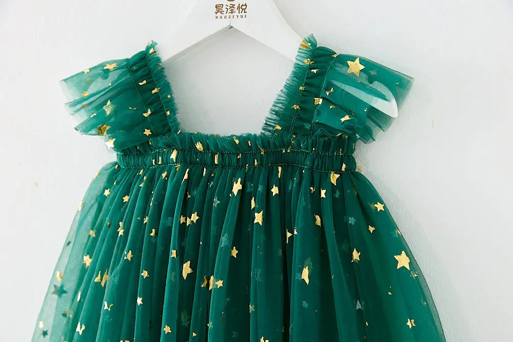 Christmas 2025 Girls Cute Fly Sleeve Star Printed Mesh Puffy Dress Halloween Children Party Photograph Princess Dress 1-6T