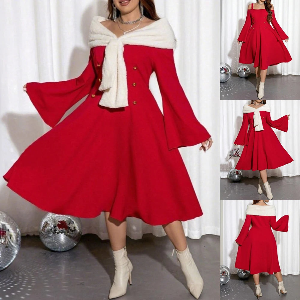 Christmas Dress for Women Plus Size Long Sleeve Oversize Warm Winter Red Elegant Dresses Girls Xmas New Year Party Costume