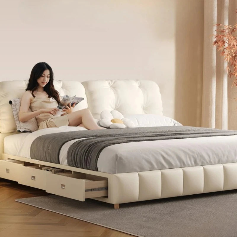 Pretty Elegant Double Bed Frame Mattress White Comferter Bed Queen Size Cama Matrimonial Bedroom Furniture