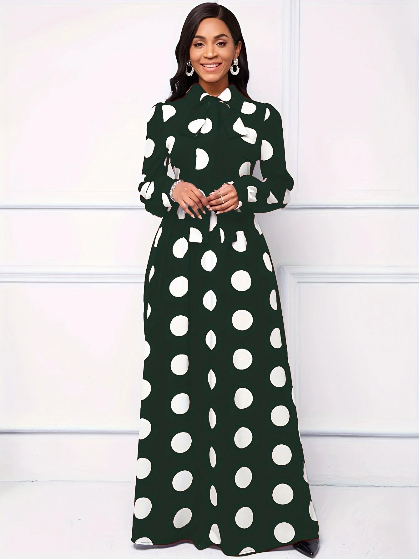 Casual Dresses Elegant Women Long Dress Sleeve Female Robe Bow Knot Polka Dots Girl's Vestidos Lady's Maxi Dresses