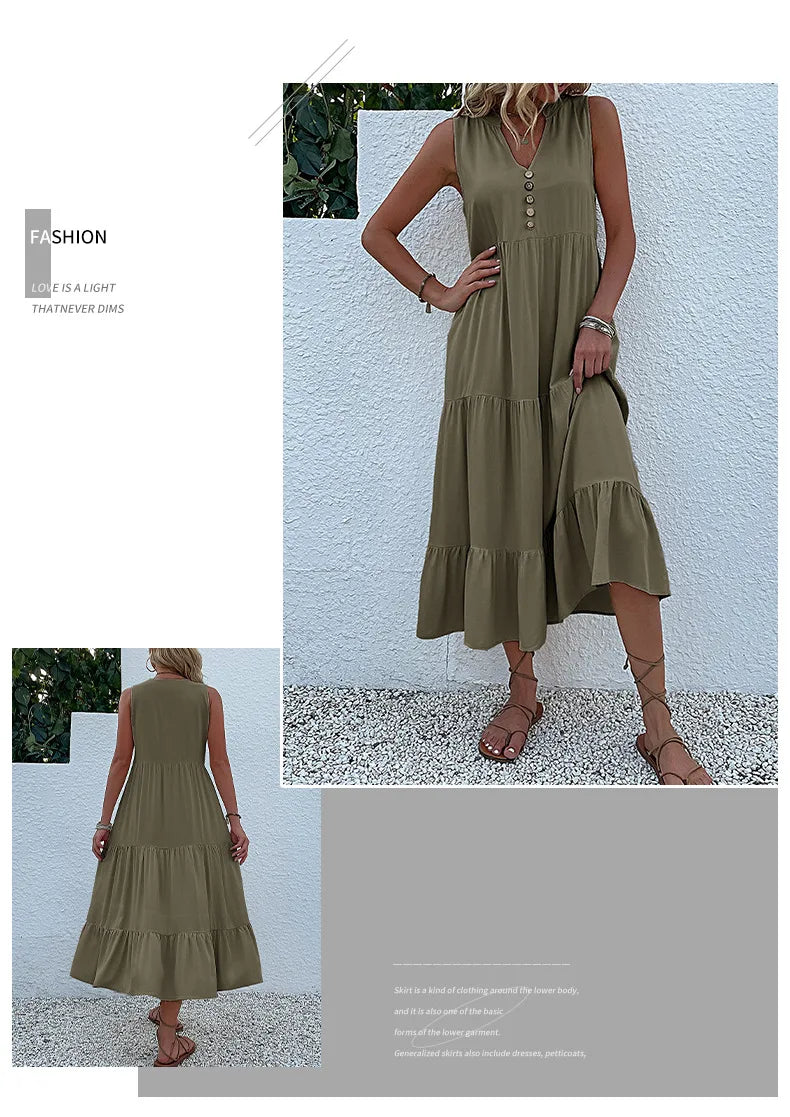 Dresses for Women 2025 Summer V-neck Single-breasted Vest Dress Sleeveless Loose Casual Solid Color Dress Vestidos De Mujer