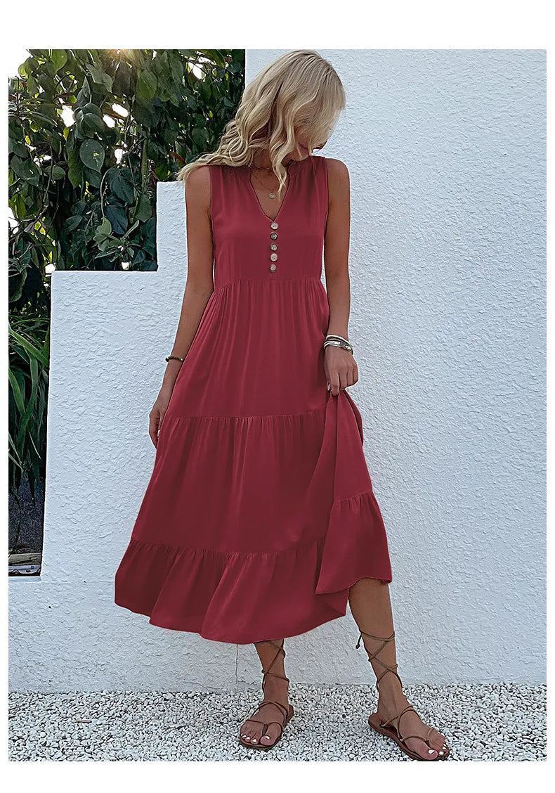 Dresses for Women 2025 Summer V-neck Single-breasted Vest Dress Sleeveless Loose Casual Solid Color Dress Vestidos De Mujer