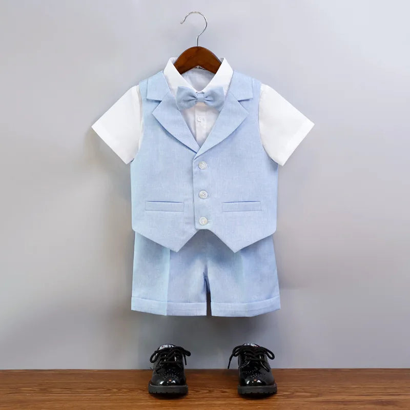 Children's Summer Blue Vest Dress Suit Boy Birthday Party Performance Photography Costume Kids Waistcoat Shorts Bowtie Outfit