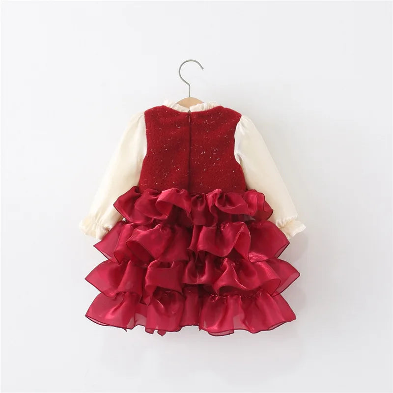 Christmas Girls Dress Ruffled Ball Gown Kids Girls Dresses Per Bow Decoration Girls Cake Dresses Kids Party Clothes