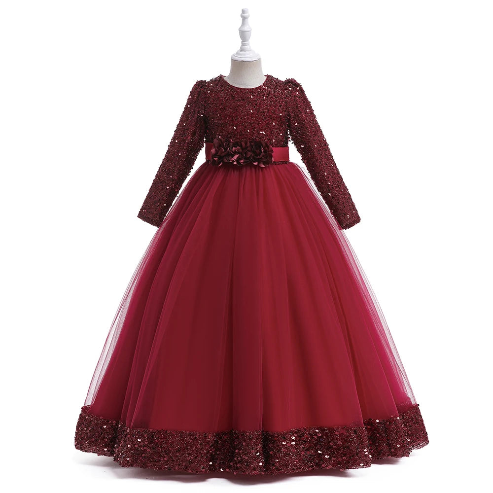 Christmas Princess Dress For Girls Children Costume Long Sleeve Sequin Wedding Evening Vestidos Kids Girl Birthday Party Dresses