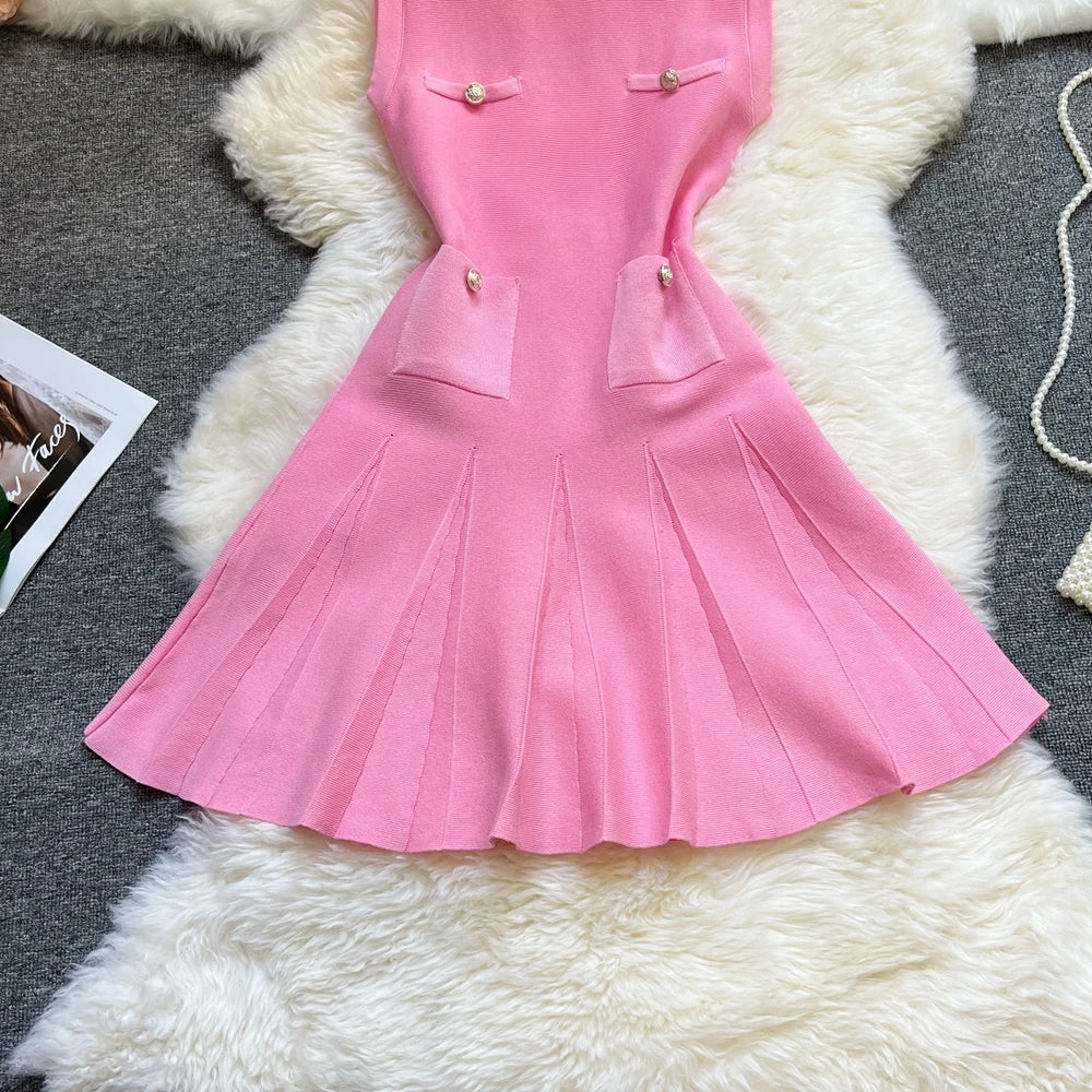 YuooMuoo Chic Fashion 2025 Summer Pleated Short Dress Women O-neck Slim Waist A-line Party Dress Streetwear Lady Outfits Vestido