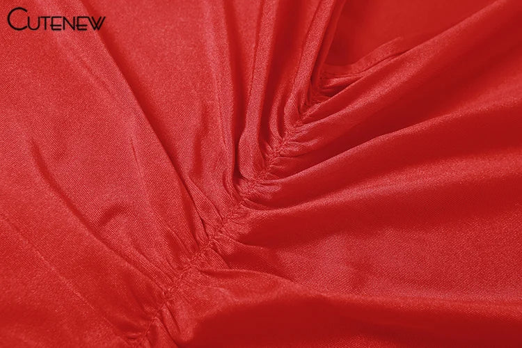 Cutenew Red Shiny Spaghetti Strap Maxi Dress Women Solid Sexy Backless Ruched Cleavage Body-shaping Robe Lady Hipster Streetwear