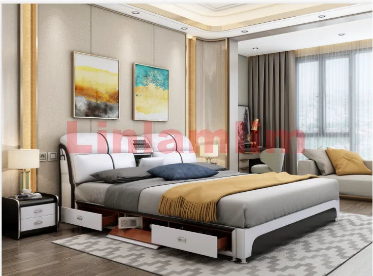 Linlamlim Tech-Smart Multifunctional Bed Genuine Leather Ultimate Camas Tatami Lit with Massage, Projector, Air Purifier,Speaker