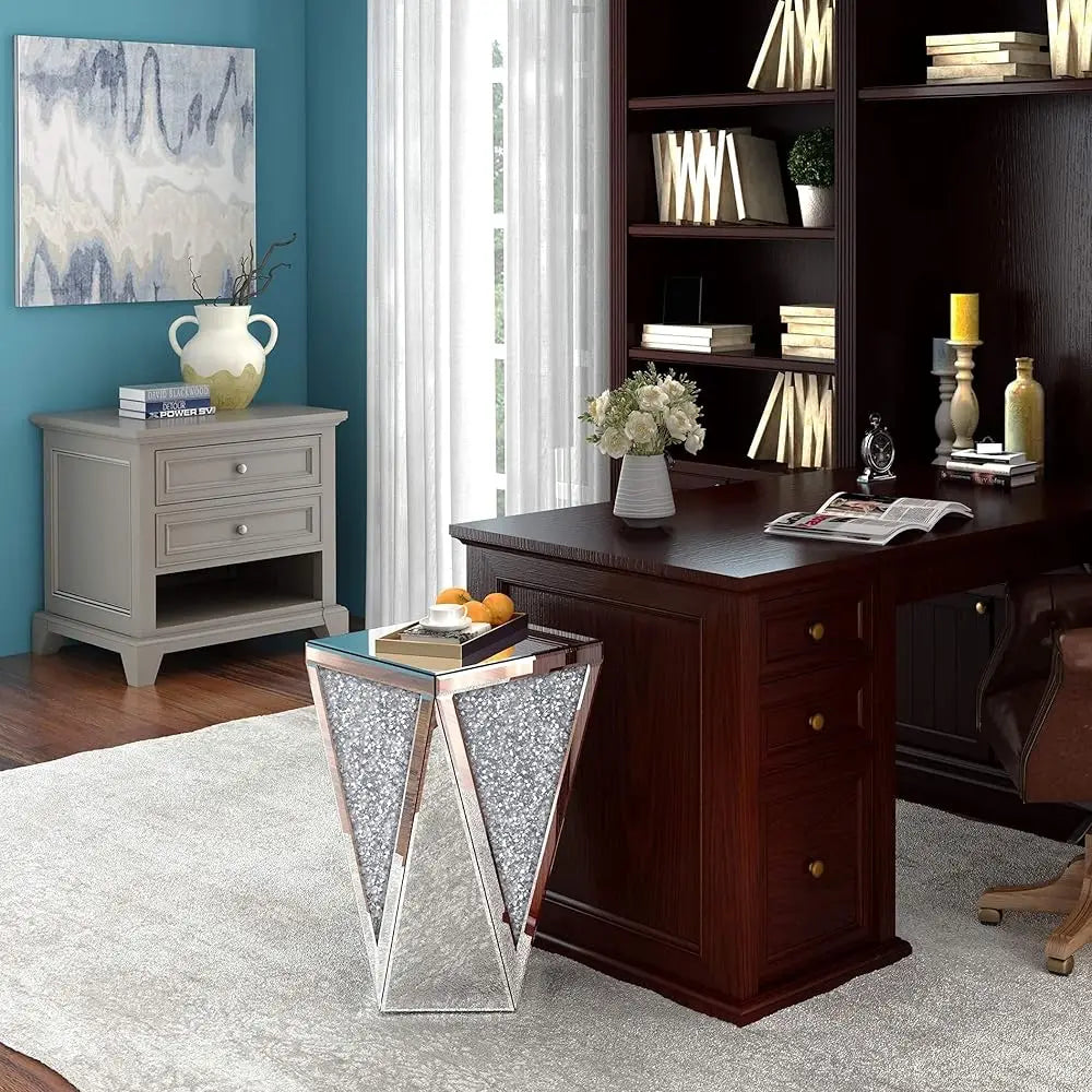 Mirrored End Table Crystal Diamond Setting Coffee Table Silver Glass Side Table Pedestal Stand For Hallway, Living Room,