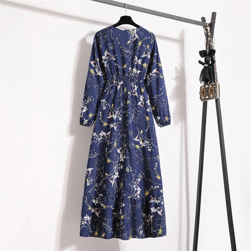 Women Eid Muslim Dresses Dubai Kaftan Tight Waist O Neck Morocco Arab Ruffles Spliced Vestidos Flowers Dress Casual Slim Fit