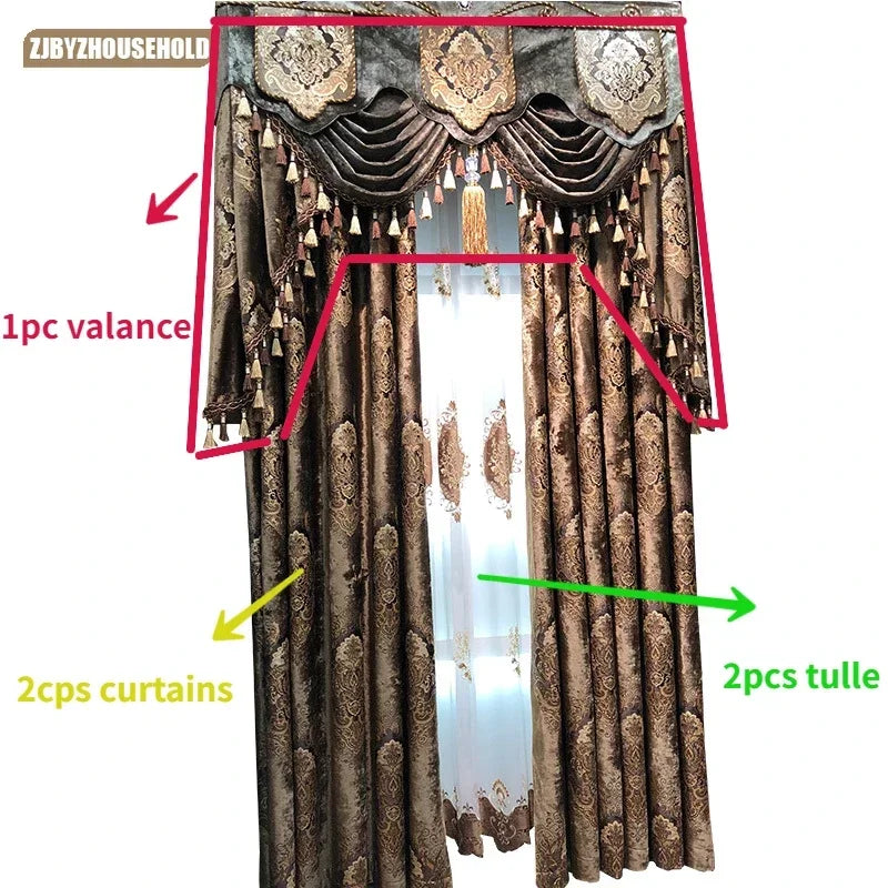 European Curtains for Living Room Dining Bedroom High Window Elegant Palace Luxury Print Velvet Curtain Carved Gold Curry Villa