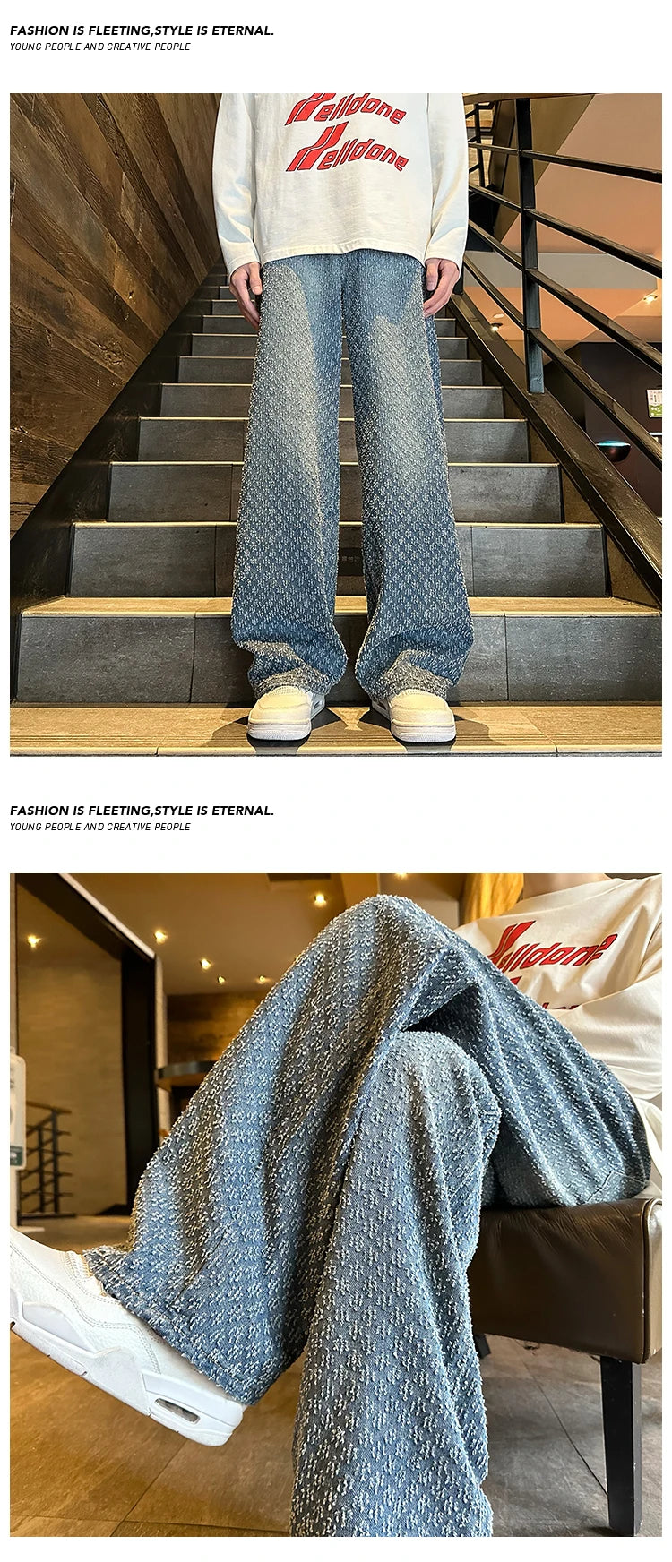 Jeans men Fashion hombre Jacquard Pattern Denim Pants Male Straight Fitting Baggy Bottoms Distressed Wide Jeans For Men