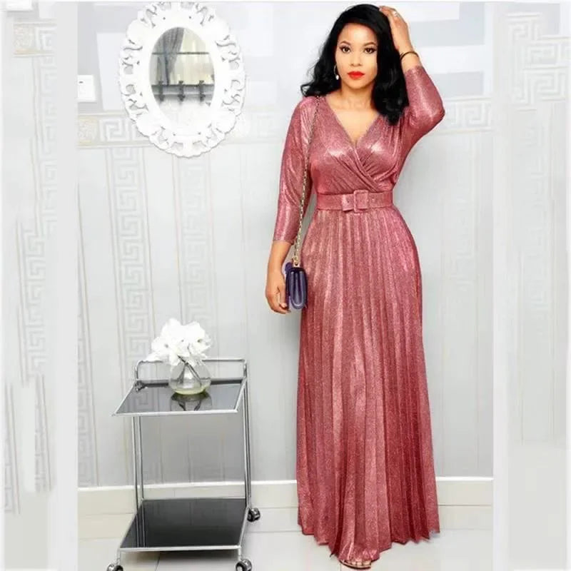 Dresses For Women Elegant Party Low Cut Sequined Gown Dress With Belt Nine Point Sleeve Ruffle Hem Flowy Long Dress Plus Size