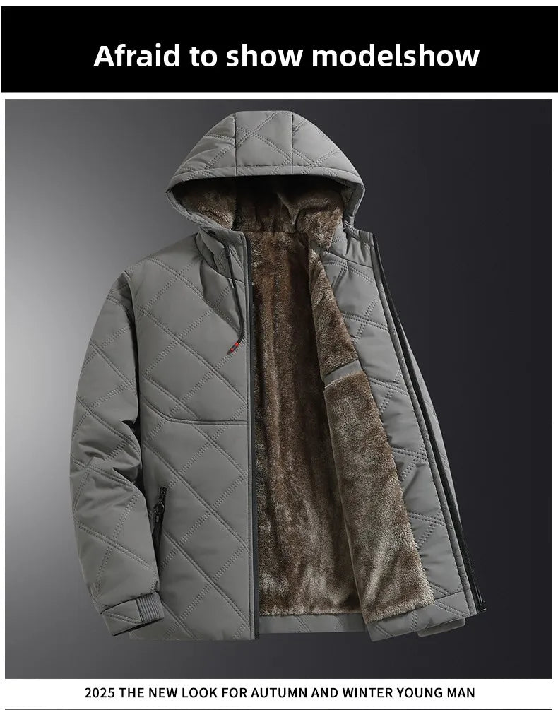 Men's hooded warm short jacket winter zipper pocket jacket outdoor sports and leisure work clothes windproof cotton jacket