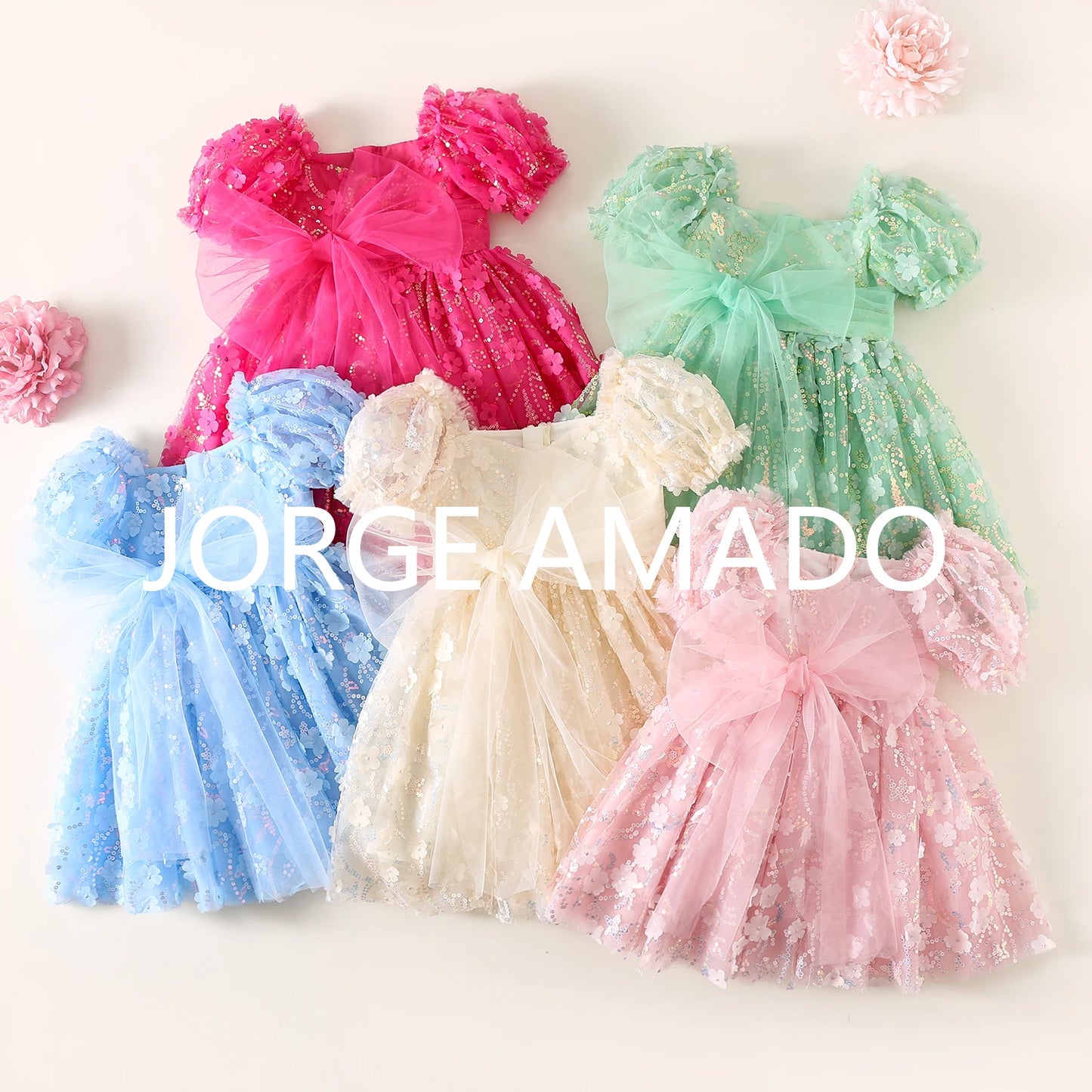 New Summer Teenager Girl's Dress Short Puff Sleeves Square Collar Appliques Large Bow Sequin Mesh Princess Lovely Clothing H7004