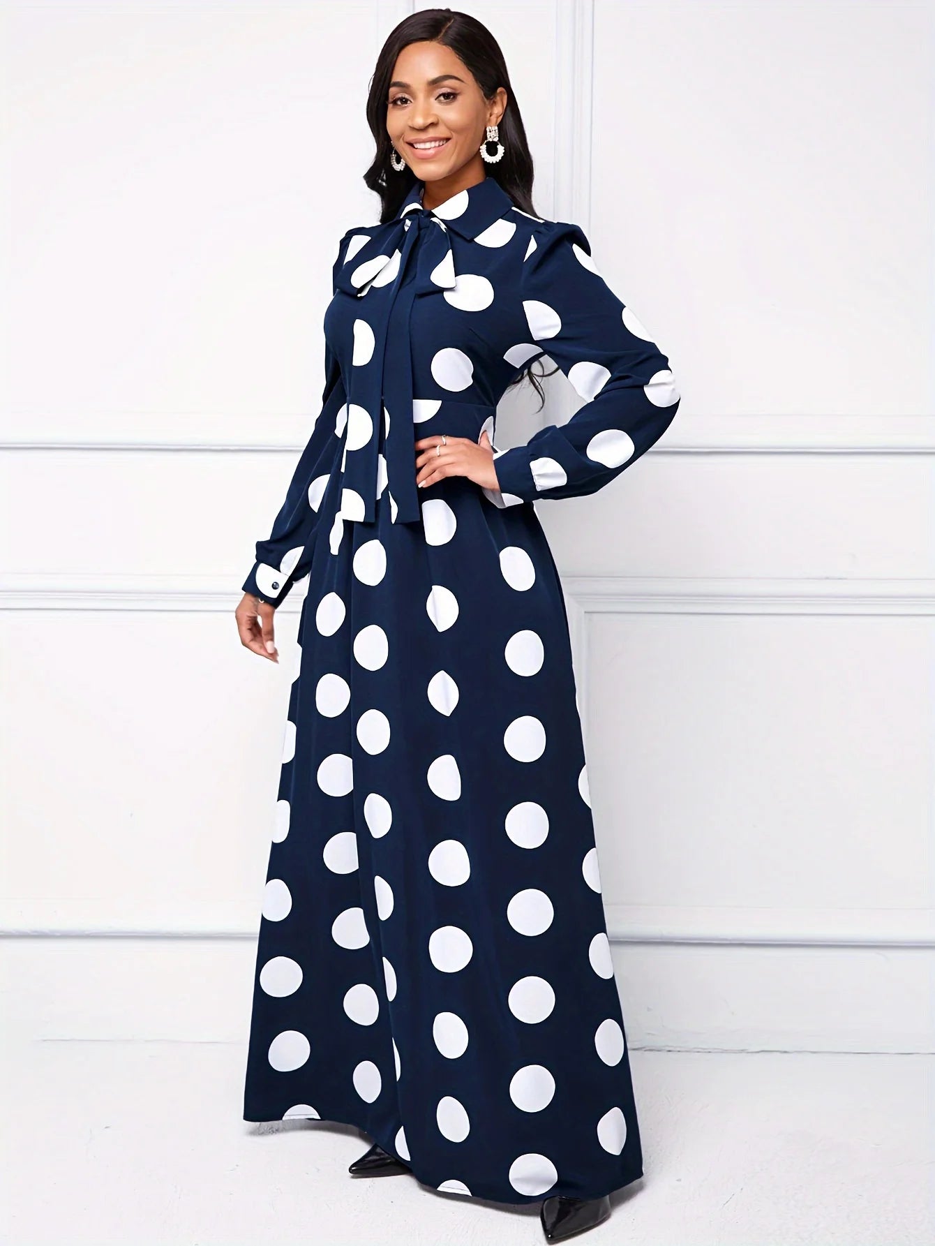 Casual Dresses Elegant Women Long Dress Sleeve Female Robe Bow Knot Polka Dots Girl's Vestidos Lady's Maxi Dresses