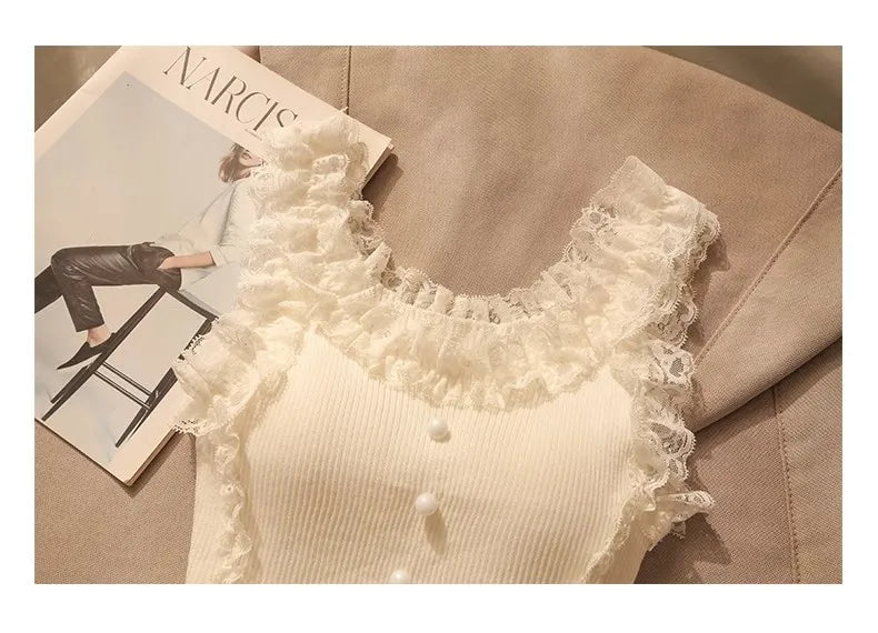 Korean Lace Patchwork Crop Top Women U-Neck Knitted Stretch Tank Top 2025 Summer Female White Lace Stretch Cami
