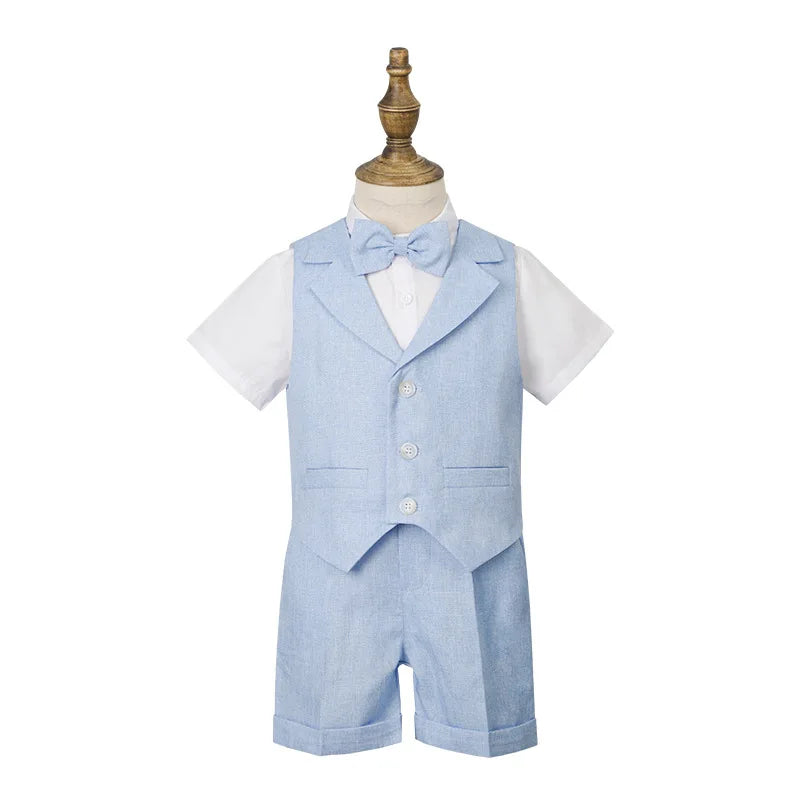 Children's Summer Blue Vest Dress Suit Boy Birthday Party Performance Photography Costume Kids Waistcoat Shorts Bowtie Outfit