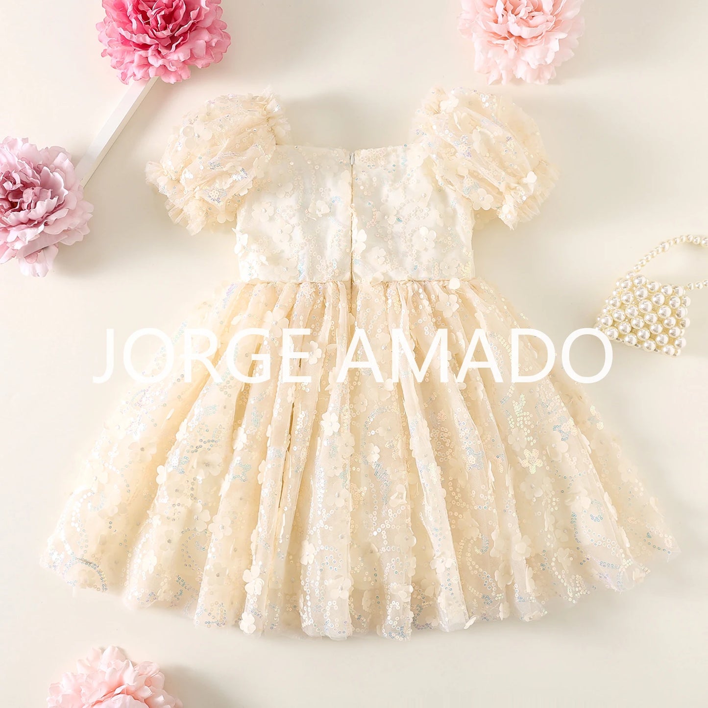 New Summer Teenager Girl's Dress Short Puff Sleeves Square Collar Appliques Large Bow Sequin Mesh Princess Lovely Clothing H7004