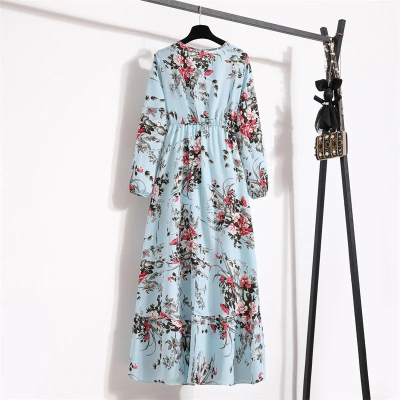 Women Eid Muslim Dresses Dubai Kaftan Tight Waist O Neck Morocco Arab Ruffles Spliced Vestidos Flowers Dress Casual Slim Fit