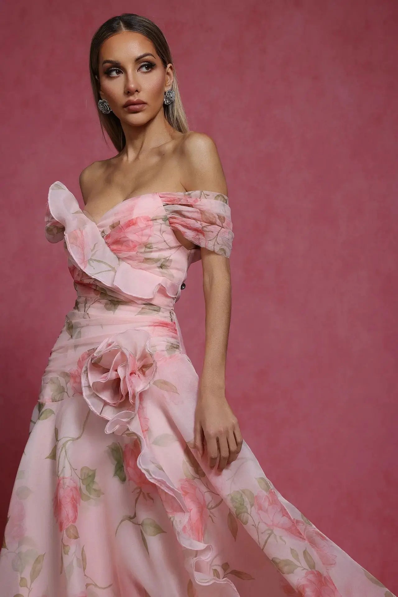 Evening Dresses for Women Sweet Floral Printing Slash Neck Short Sleeve High Waist Spliced Appliques Long Party Dress Female