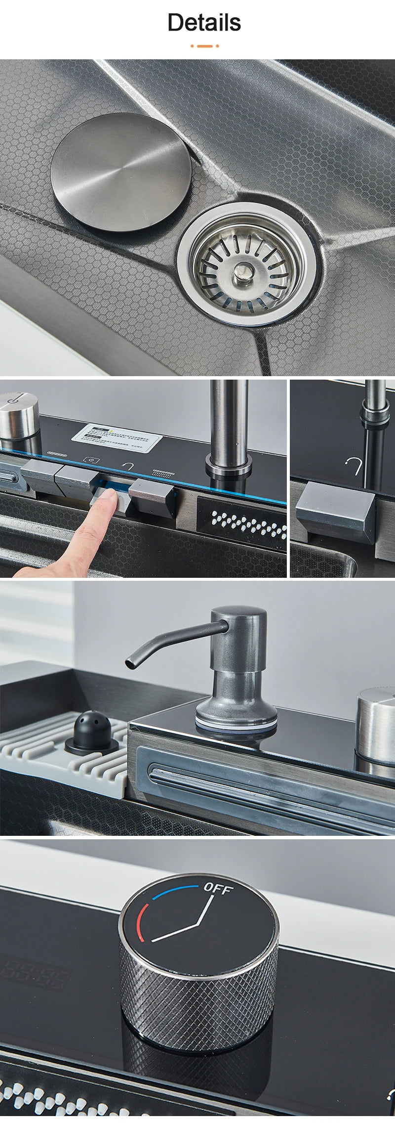 304 Stainless Steel Kitchen Sink with Digital Display Waterfall Faucet, Multifunctional 75*45cm Large Single Slot Whale Sink