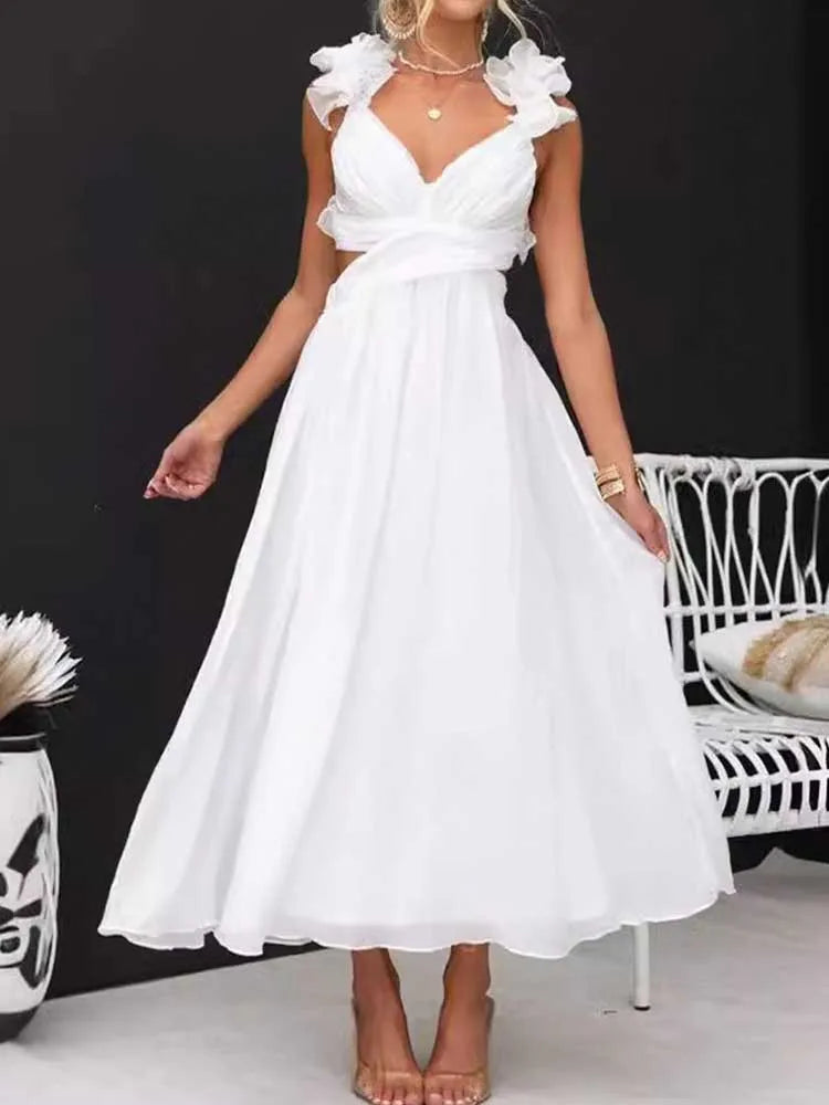 Sleeveless Dresses for Women Elegant Straps Pleated Dress Backless Summer Cotton Linen Dresses High Waist Wholesale Dropshipping