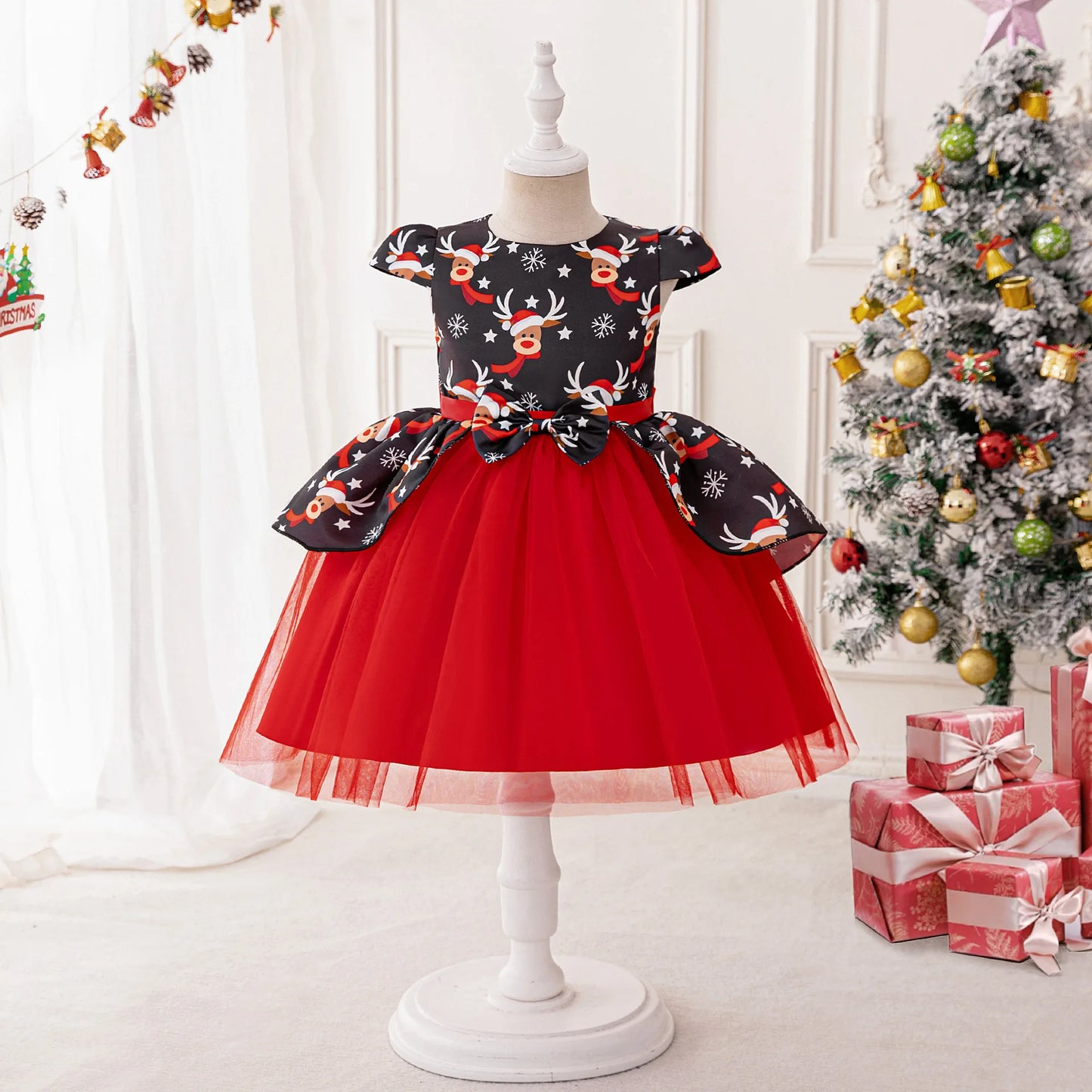 Christmas Dresses Girl Cartoon Print Princess Dress Children Red and Green Sequined Mesh Puff BalL Gown Carnival Clothes