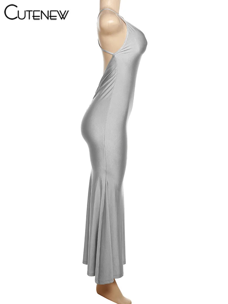 Cutenew Red Shiny Spaghetti Strap Maxi Dress Women Solid Sexy Backless Ruched Cleavage Body-shaping Robe Lady Hipster Streetwear