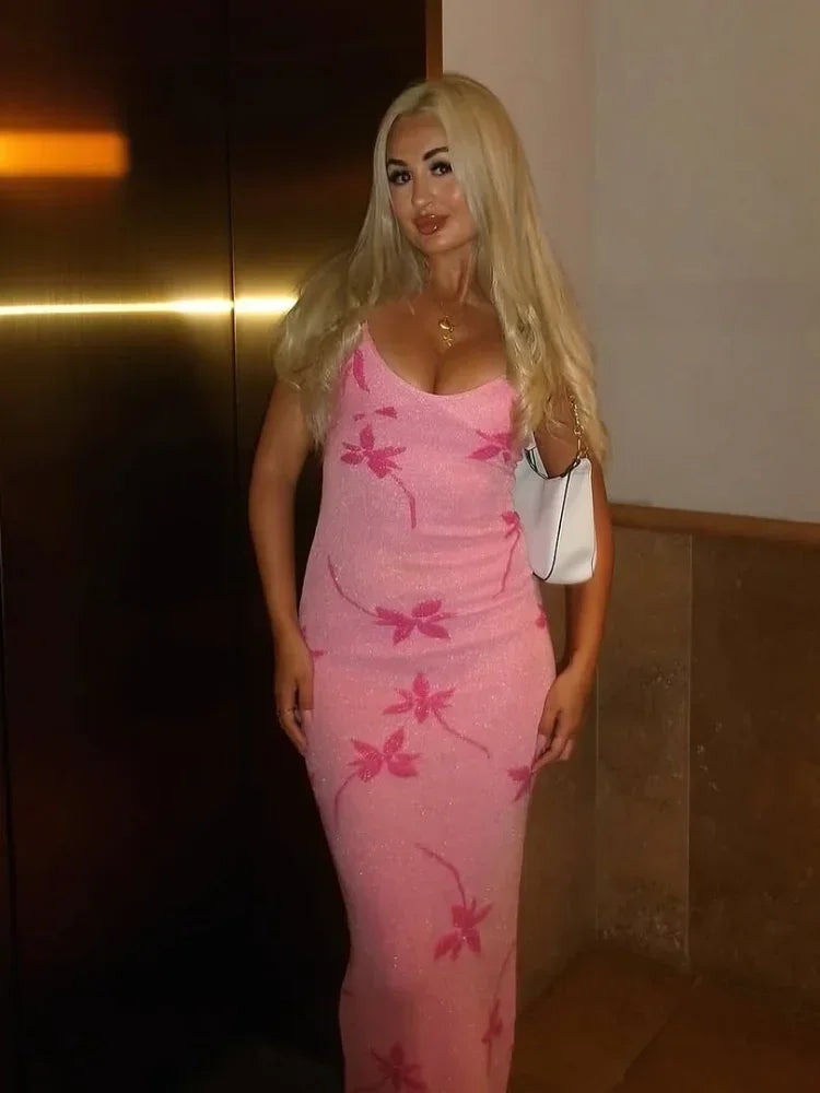 Elegant Sleeveless Long Dress Sexy V Neck Backless Maxi Dresses Women's High Waist Slim Summer Vestidos Lady Printing Robes