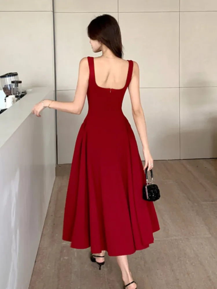 Women's Elegant Red Evening Dresses Sleeveless Wedding Guest Dress Spaghetti Strap A-Line White Party Female Prom gown Vestidos
