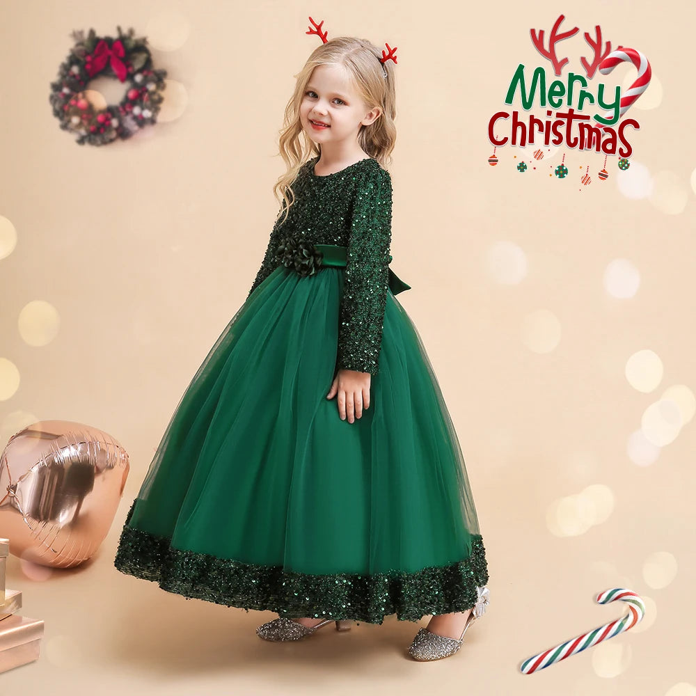Christmas Princess Dress For Girls Children Costume Long Sleeve Sequin Wedding Evening Vestidos Kids Girl Birthday Party Dresses
