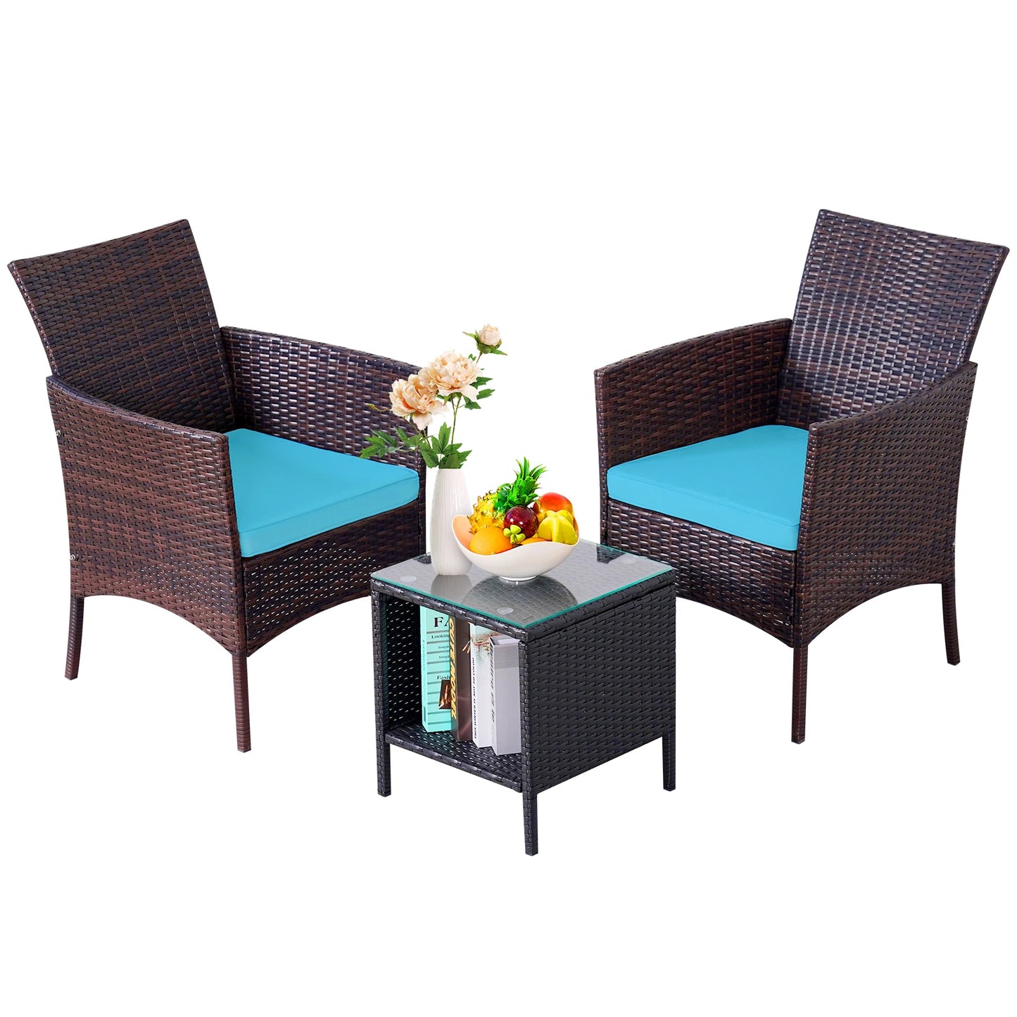 NAGA BAHNA 3-Piece Bistro Set Outdoor Patio Furniture Rattan Chairs Table Soft Cmats Tempered Glass Durable Comfortable Garden