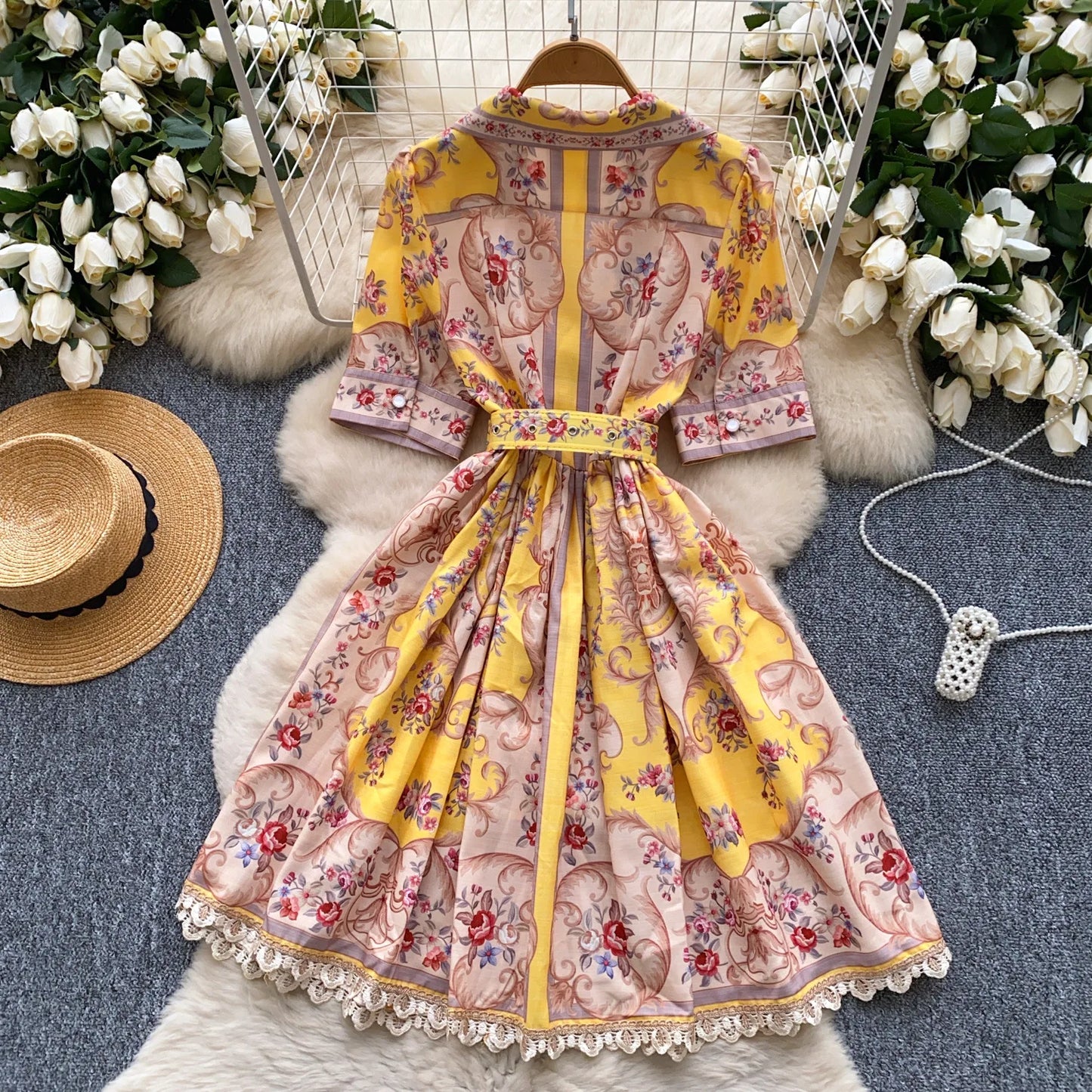 Women Dress Long Dresses A Line Vestidos Turn Down Collar Puff Sleeve Elegant Splice Y2k Streetwear Work Tight Waist 2025