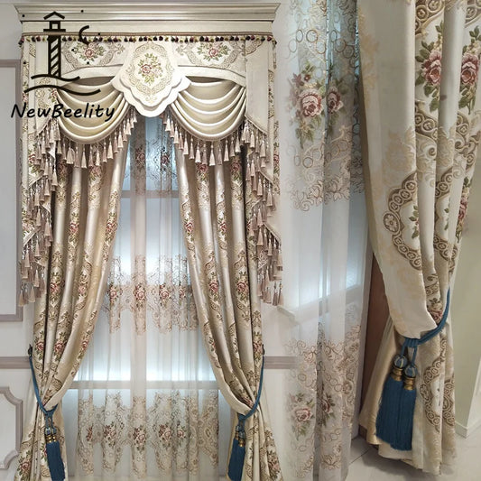 Luxury European Window Curtains for Living Room Bedroom Dining Blackout Colored Embossed Gauze Curtains Custom Size Retro Decor