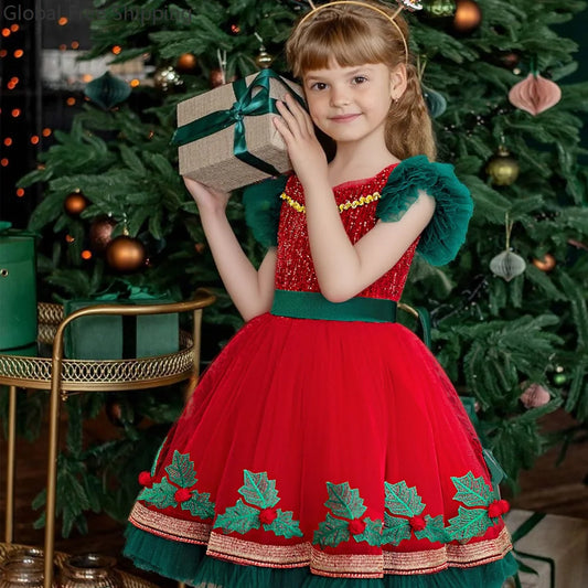 Christmas Dress For Girls Cartoon Print Cosplay Princess Dress Children's Red Green Sequined Mesh Puff Sleeve Gown Carnival Suit